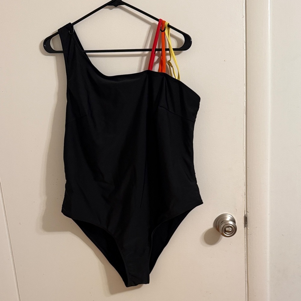 SHEIN Black One-Shoulder Swim One Piece with Red Orange and Yellow Straps
